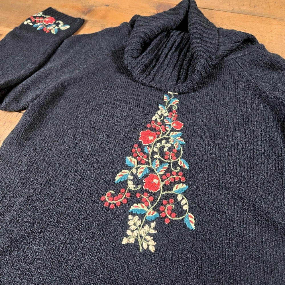 VTG Coldwater Creek Black Embroidered Floral Cowl Neck Sweater Women Large Japan